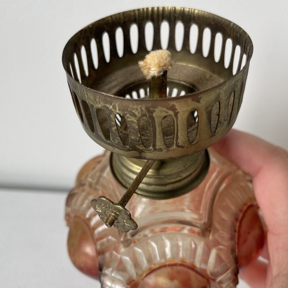 Vintage Antique Glass Oil Lamp Base Clear Red Brown Made in Hong Kong Glassware - Picture 7 of 10